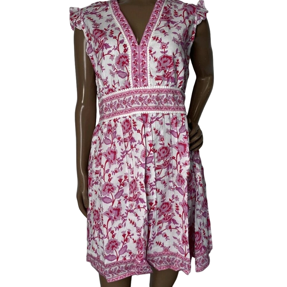 NEW BINDU Celine Floral Mini Dress Size S Pink/White V-Neck, Ruffle, Sleevle